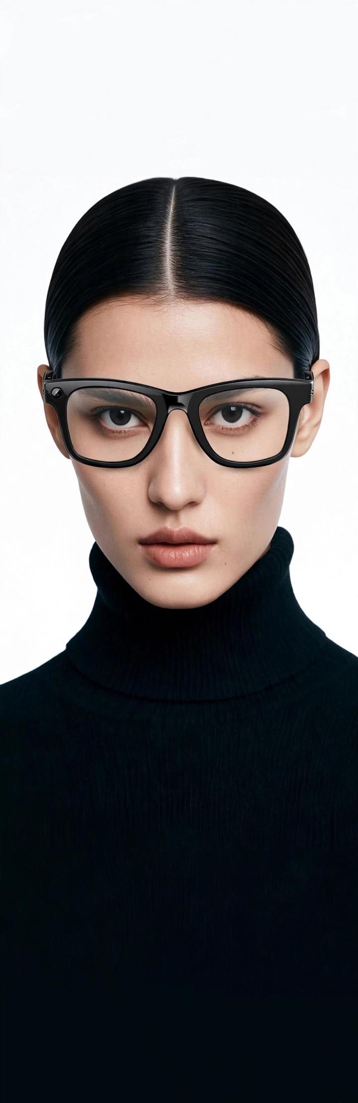 Model wearing PRONOIA 01 smart glasses