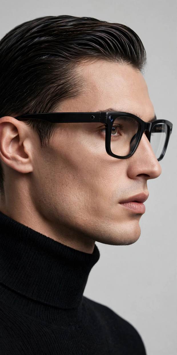 Model wearing PRONOIA 01 smart glasses